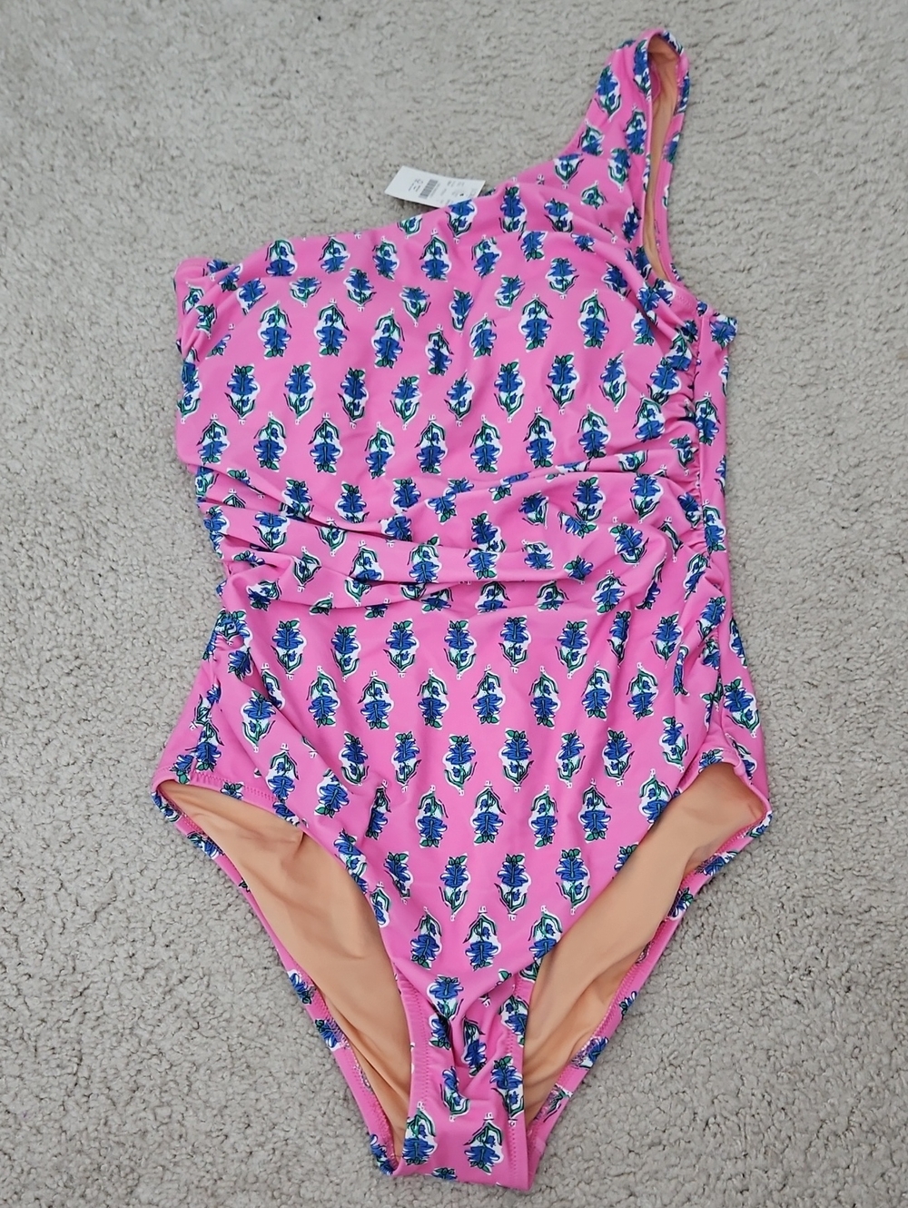 J. Crew Factory Pink One-Shoulder Swimsuit with Blue Floral Print